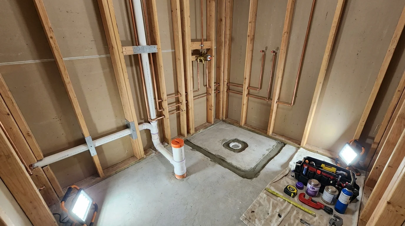 Bathroom rough-in plumbing during remodel by Johns Plumbing LLC in Glen Carbon