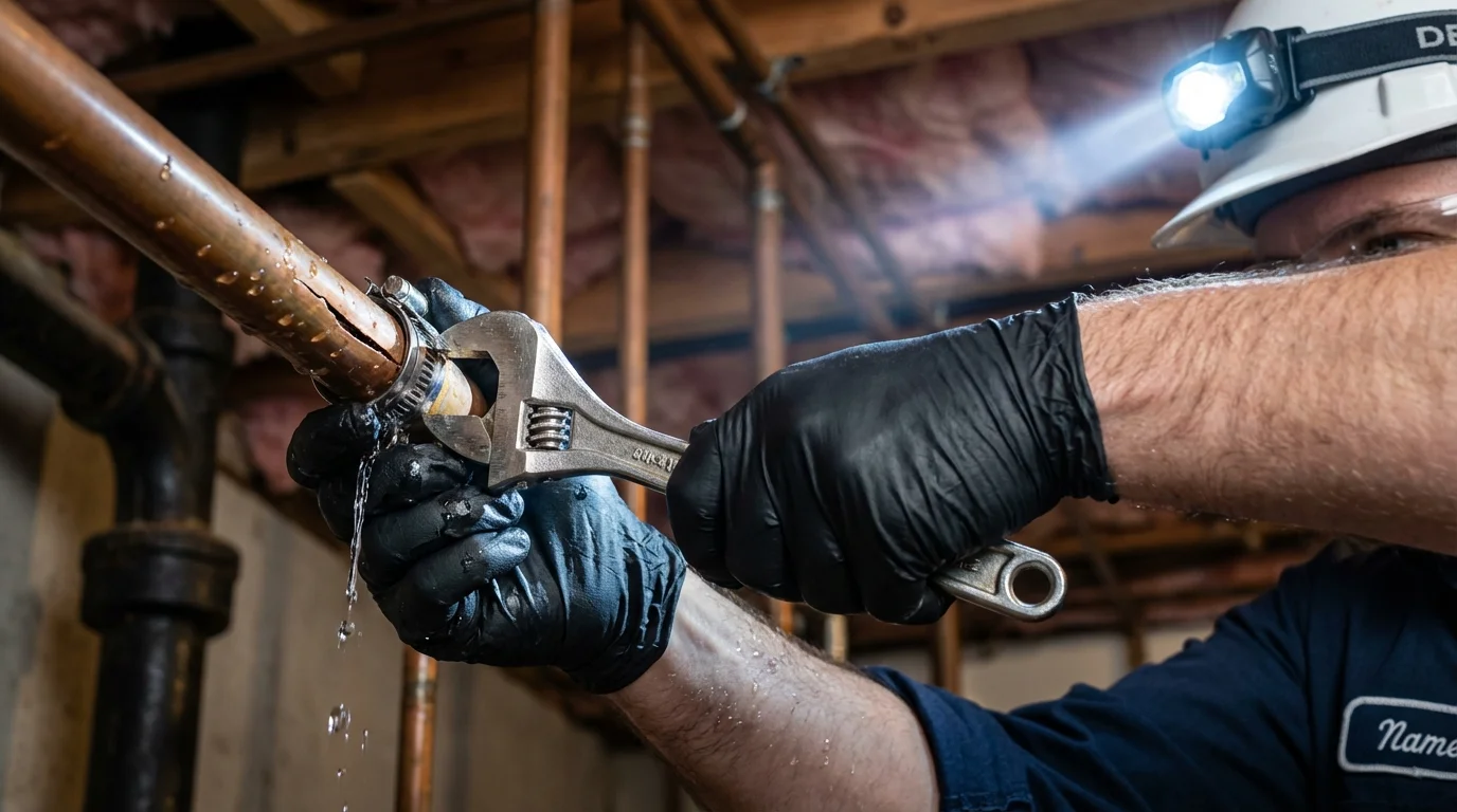 Emergency pipe clamp repair being performed by a Johns Plumbing LLC plumber in Glen Carbon