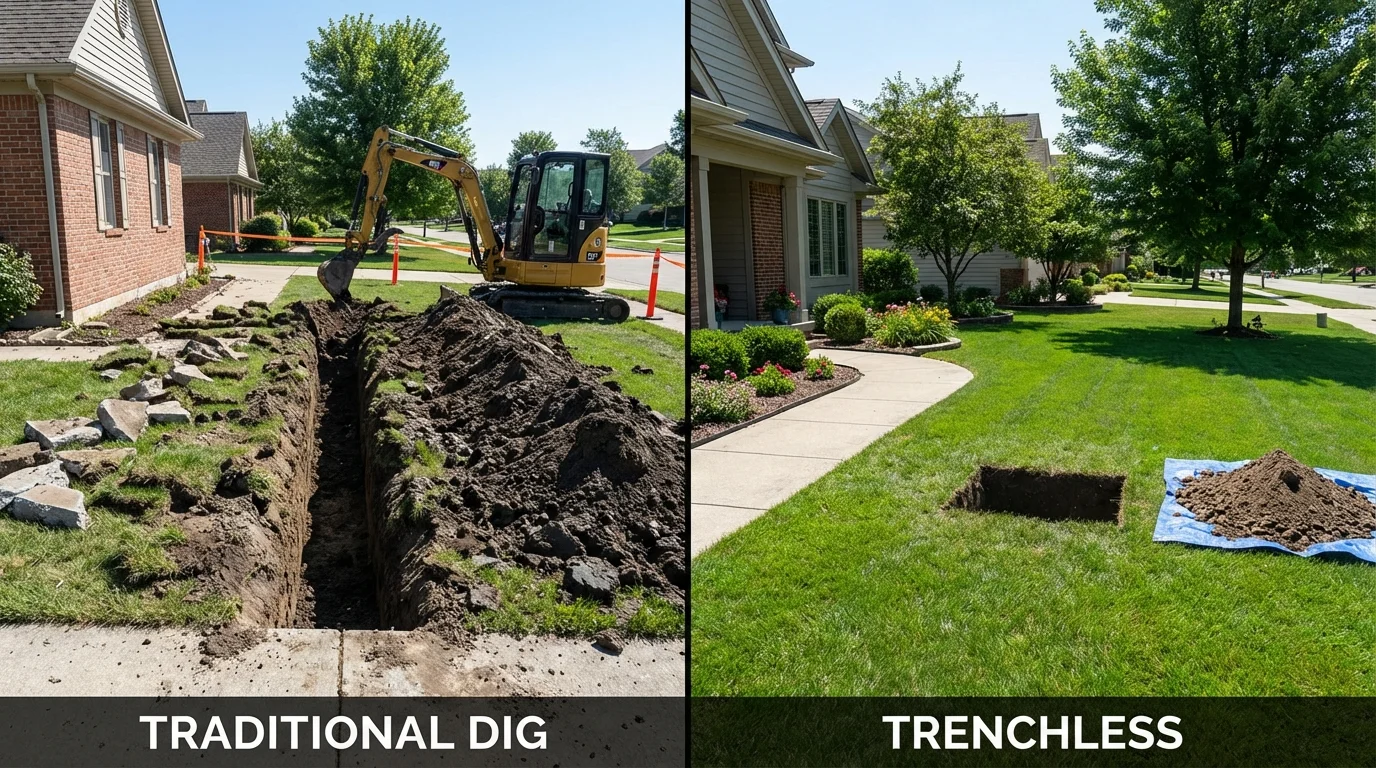 Trenchless sewer repair with minimal yard damage versus traditional excavation in Glen Carbon, IL