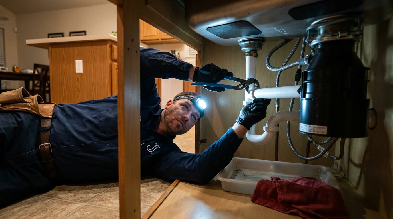 P-trap and supply line connections under a kitchen sink showing a common leak point in Glen Carbon, IL